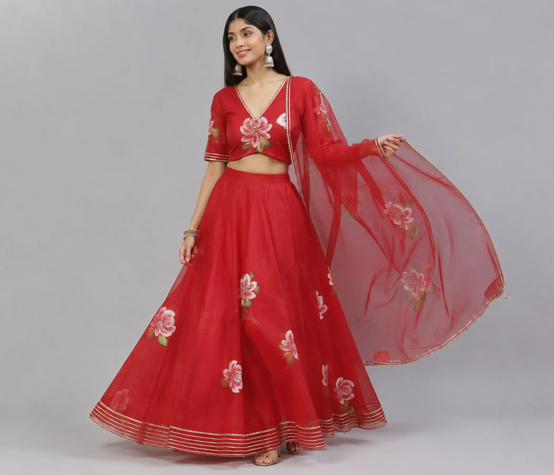 Red Hand Painted Organza Lehenga Set complete your traditional indian wedding clothes collection